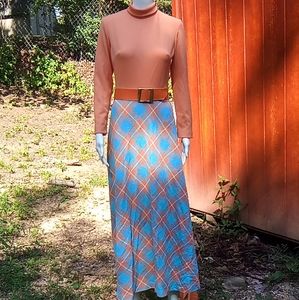 70s orange plaid maxi dress